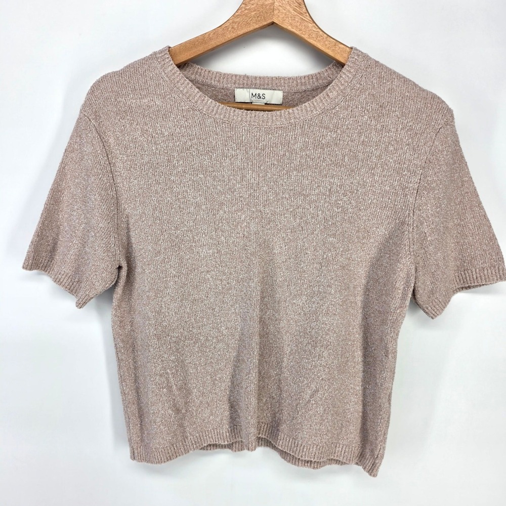 M&S Knit Top Women XS Rose Gold Metallic Short Sleeve Shimmer Crew Neck 7649